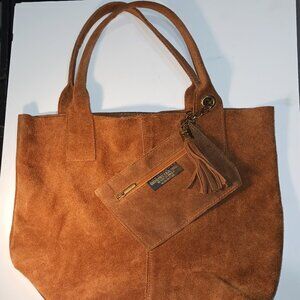 Genuine Leather Suede Tote Bag ITALY CAMEL 13" X 10" X  6"